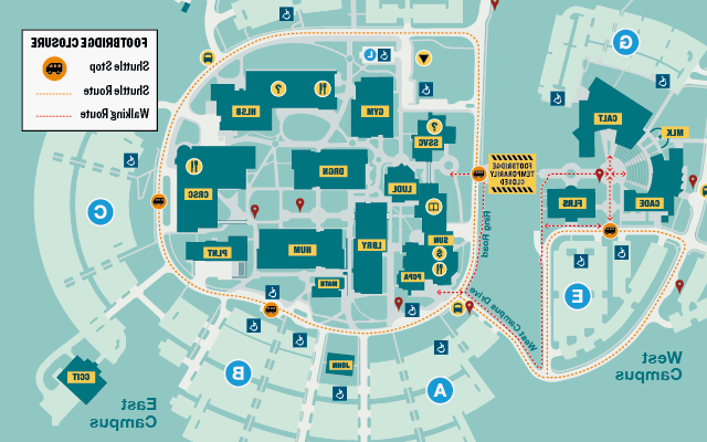 Arnold campus map showing the pedestrian bridge detour.
